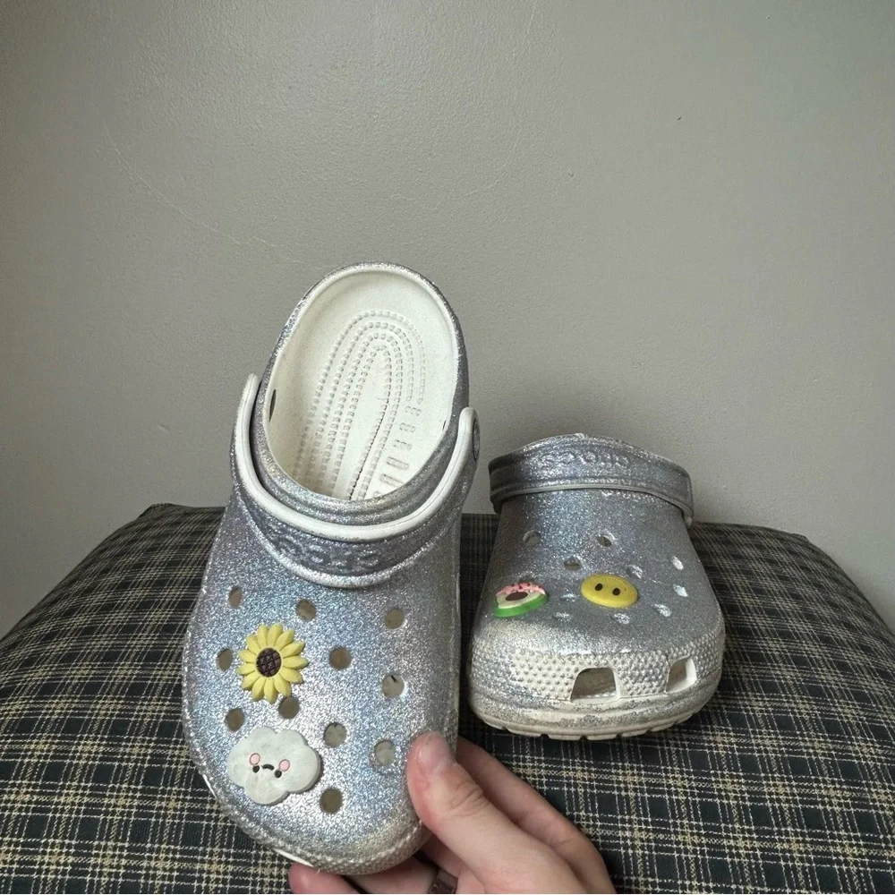 Kids Glitter Silver‎ Crocs Clogs with Charms Size 2T